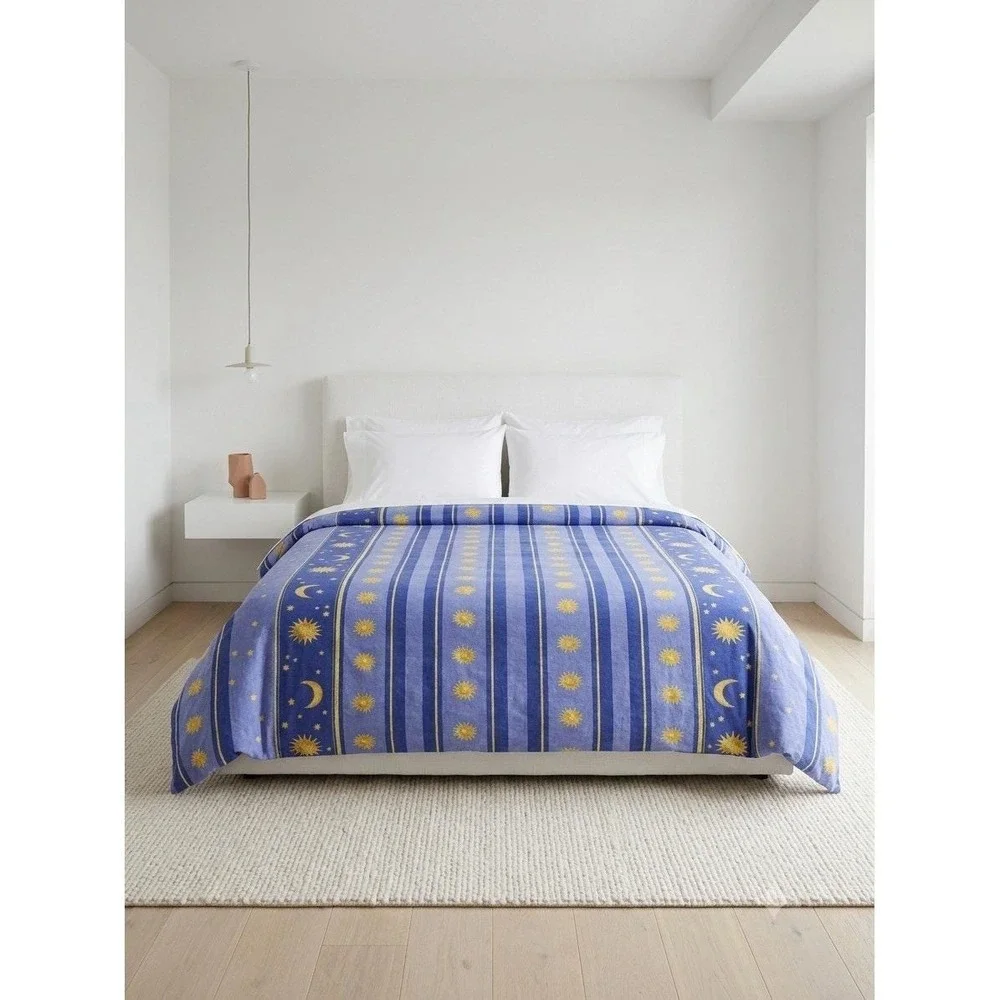 Vintage 90s Celestial Sun Moon Twin Duvet Cover Blue Yellow Stripe 72